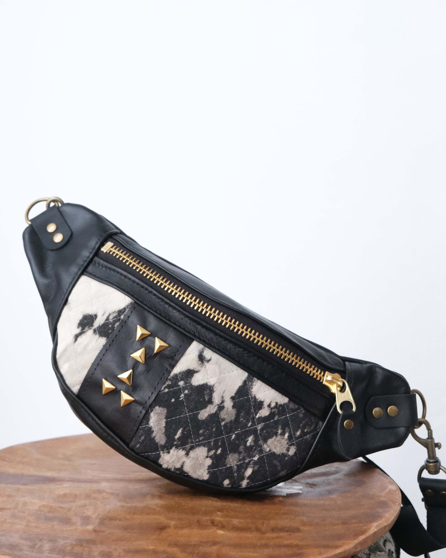 Mini Tabitha: Black Leather, Brass & Bleached Denim V