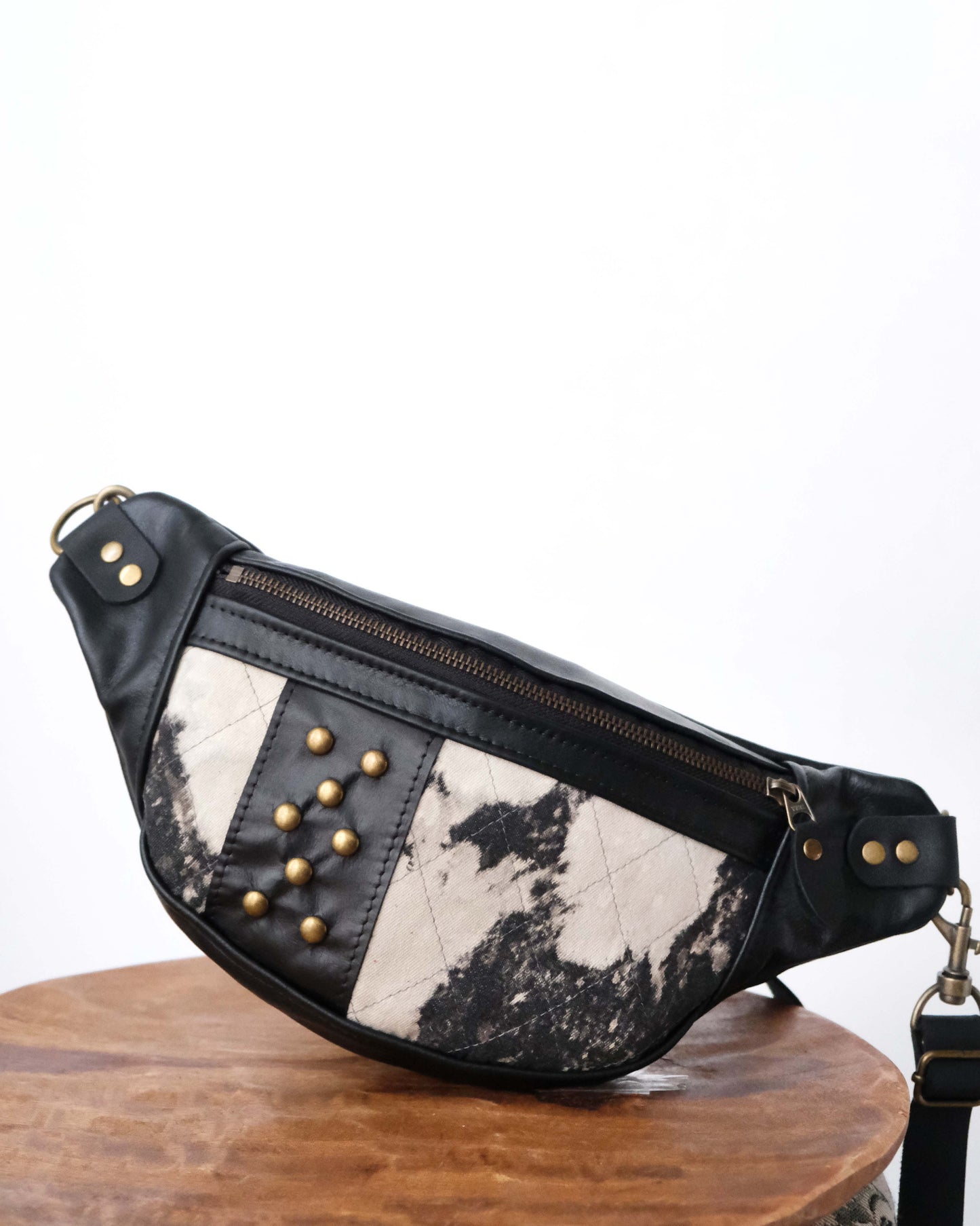 Mini Tabitha: Black Leather, Brass & Bleached Denim VI