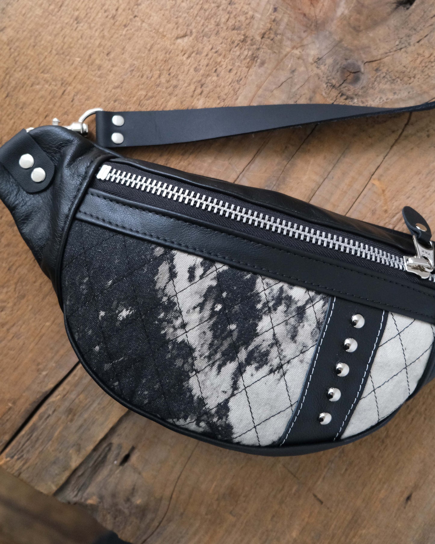 Mini Tabitha: Black Leather, Silver & Bleached Denim VII