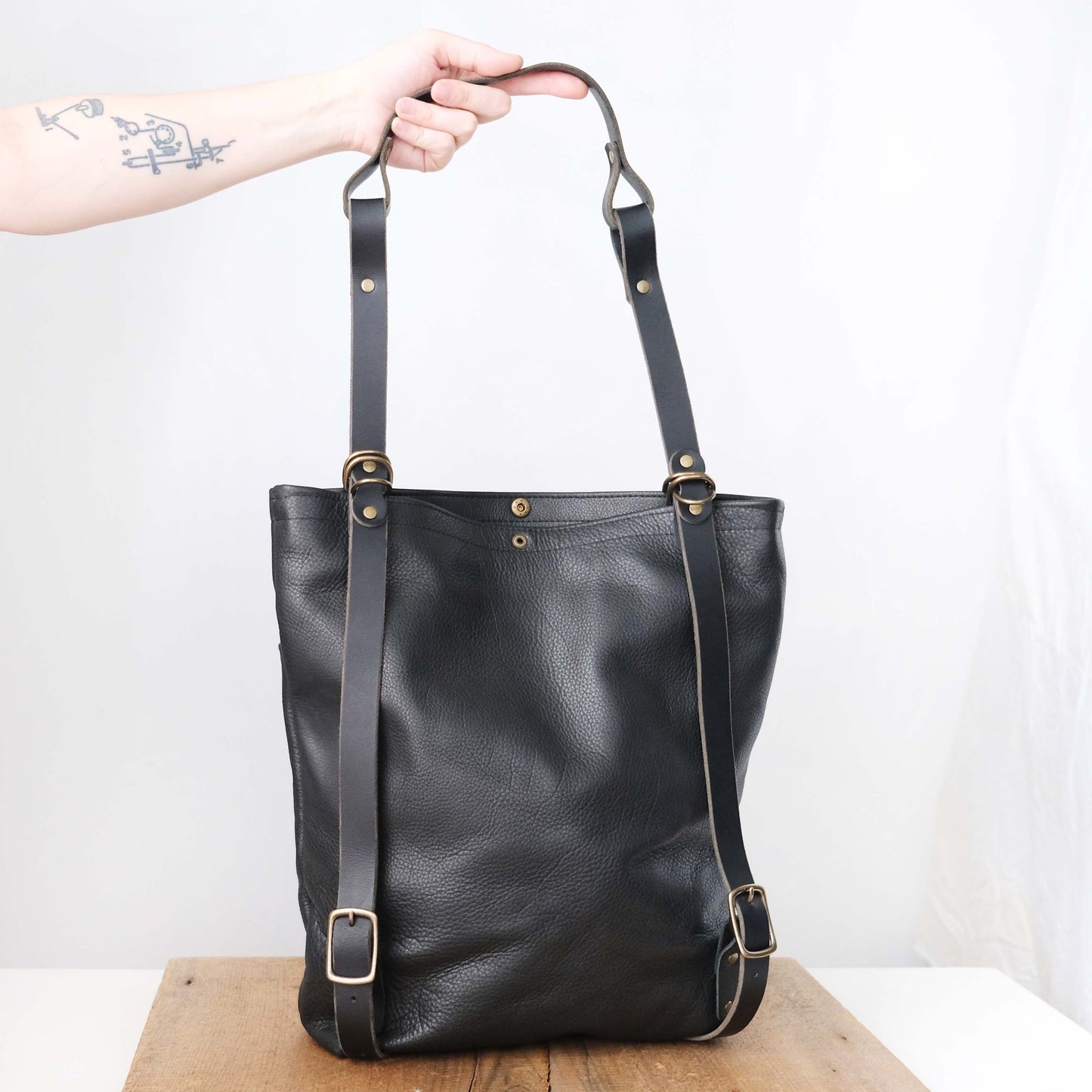 Convertible Backpack: Black Leather