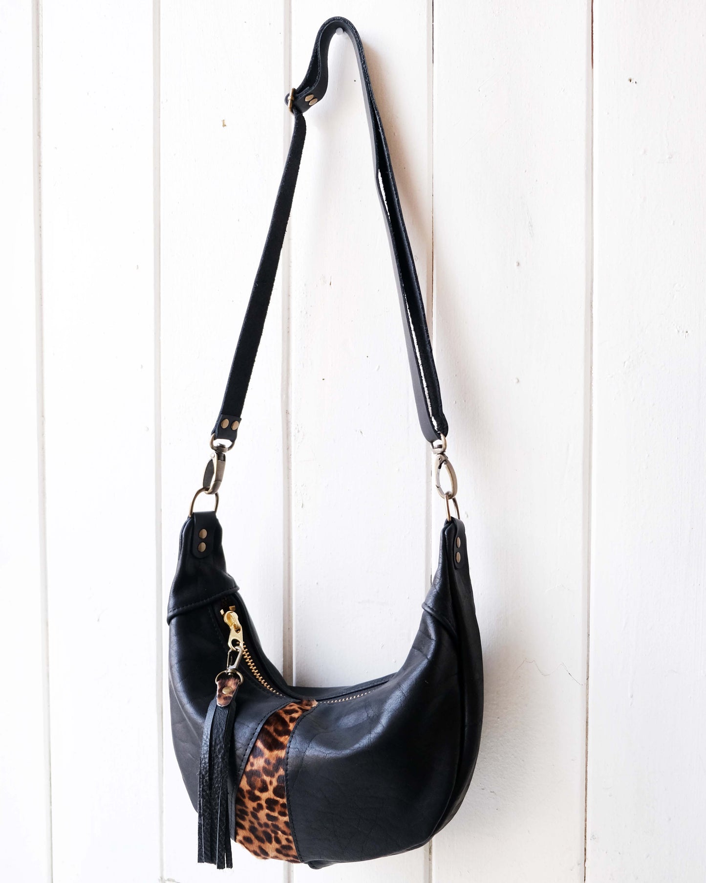 Mini Juno Bag: Black Leather and Leopard